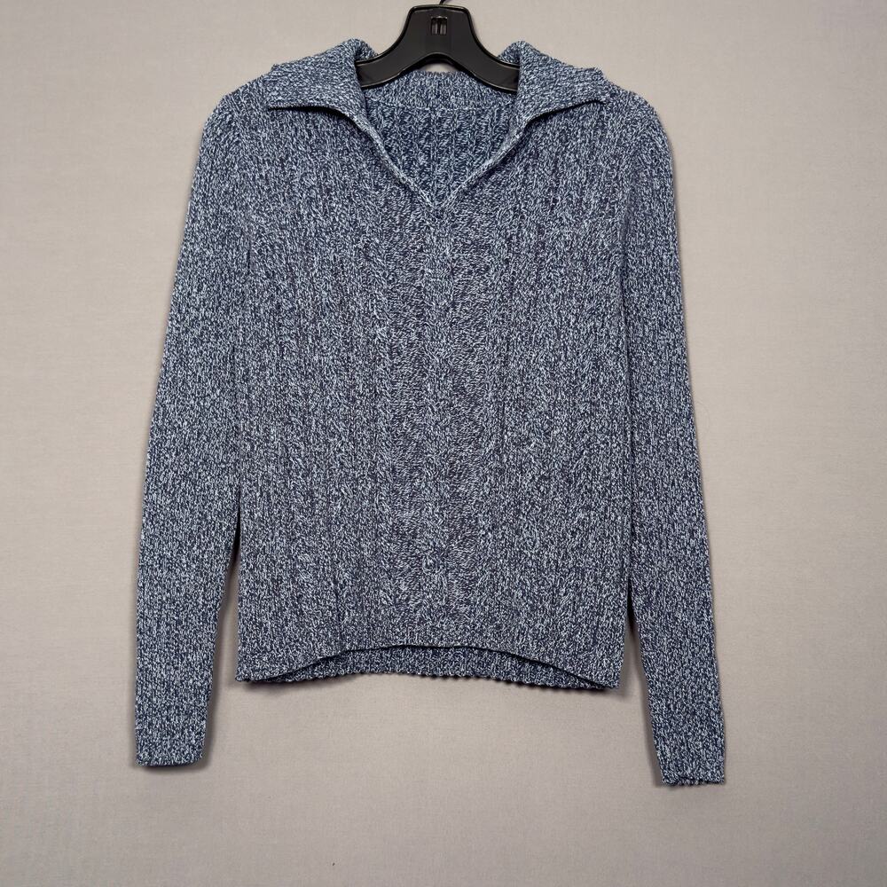 VINTAGE Navy Marbled Knit Polo V Neck Sweater w/ Collar Size M Medium